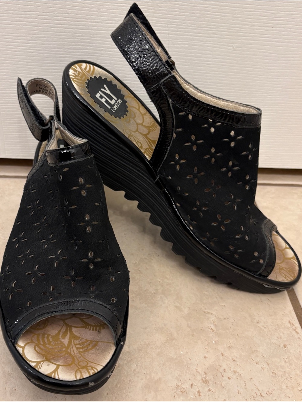 Fly London Black Perforated Slingback Wedge Sandals